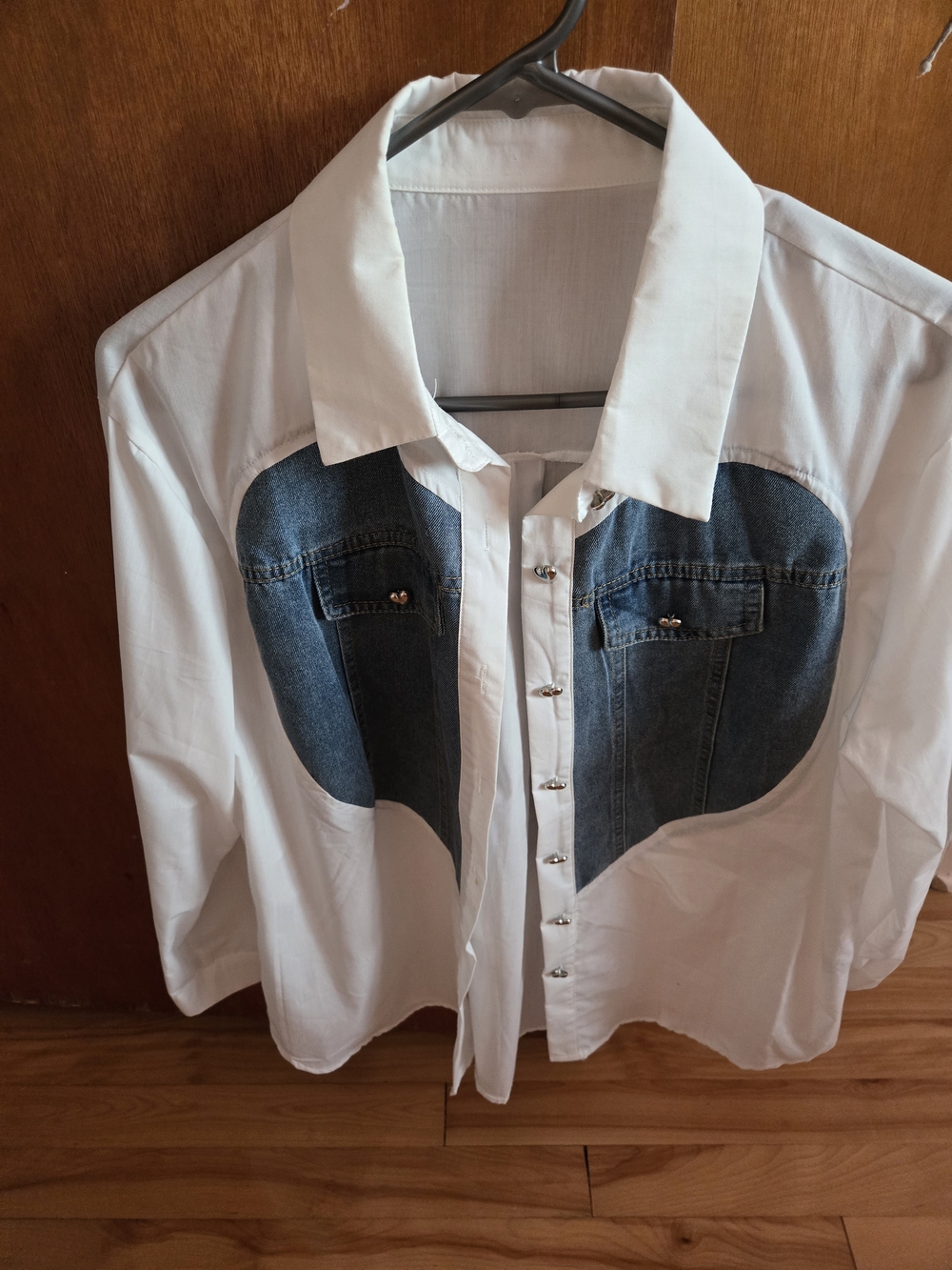 White Button-Up Shirt with Denim Heart Panels